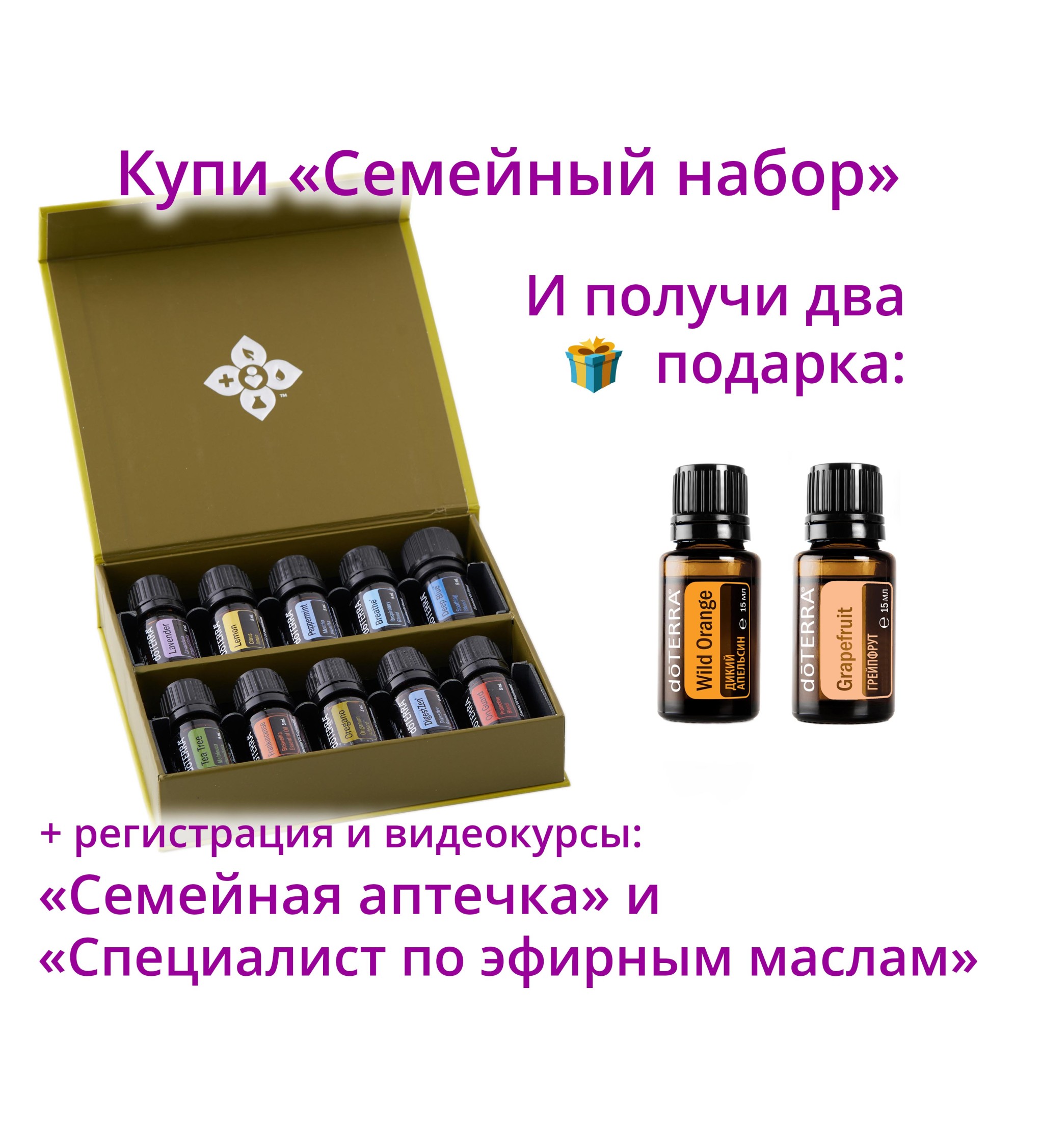 "Семейный набор" эфирных масел doTERRA 10x5 мл + апельсин + регистрация + подарки